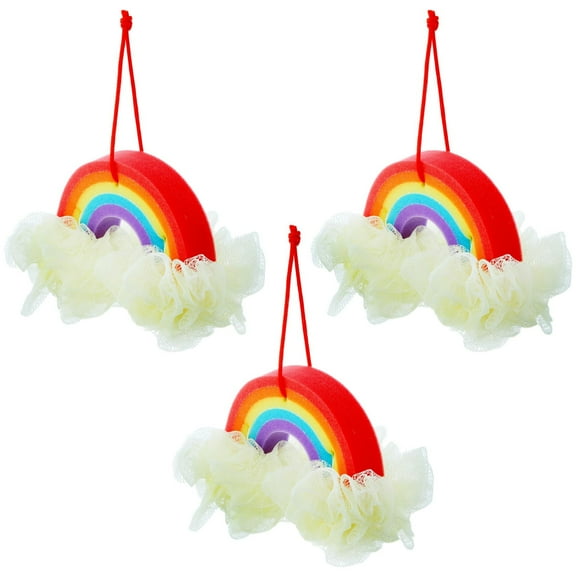 3 Pack Rainbow Sponge Loofah Body Scrubber with Ribbon Loop for Shower (8.5 x 3.5 x 5.5 In)