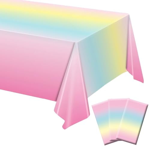 3 Pack Rainbow Tablecloth, Pastel Table Cloths for Parties, 54x108 Inch Rectangular Table Cover