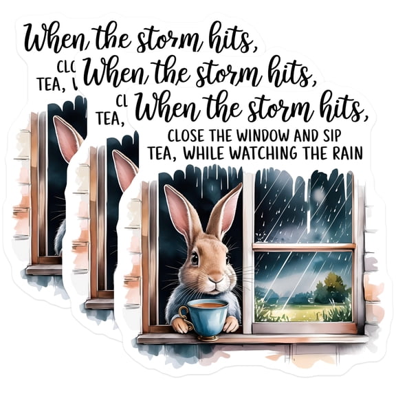 (3 Pack) Rainy Day Bunny Decals - Sip Tea - Laptop Decals - 3 Inches On Longest Side - Easy Peel & Apply - Made in USA - 3MCS4826