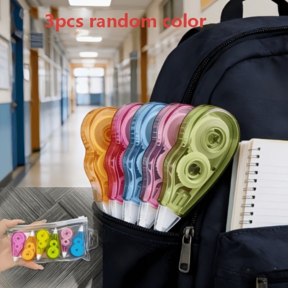3-Pack Random Color Stationery Tape Set | Assorted Mixed Colors, Compact Transparent Gear Design, Smooth Dry Adhesive Tape, Suitable for Students, Office Workers, and Journaling Enthusiasts