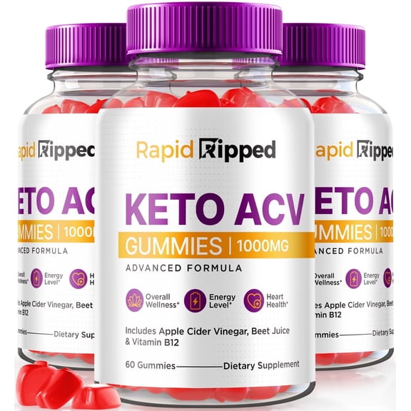 (3 Pack) Rapid Ripped Keto ACV Gummies, Keto + ACV 1000 MG, All Natural Apple Cider Vinegar Gummy Pills, Maximum Strength for Weight Loss, RapidRipped ACV Keto Reviews (180 Gummies)