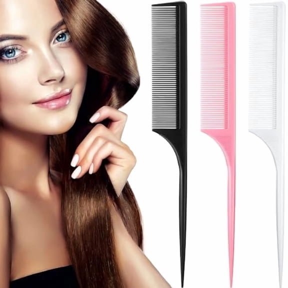 3 Pack Rat Tail Combs Fine Tooth Parting Tip for Women Carbon Fiber Heat Resistant Anti Static Teasing for Back Combing Root Teasing Adding Volume Evening Styling(Black, Pink, White)