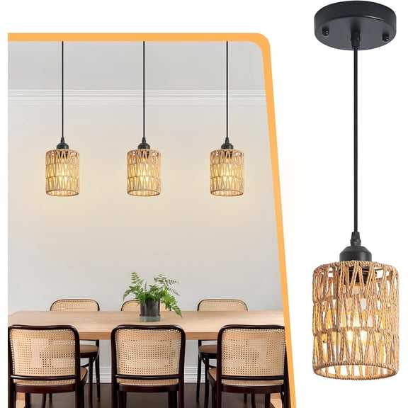 3 Pack Rattan Chandelier Pendant Lights Kitchen Island,Farmhouse Boho Chandeliers Adjustable Height Hanging lamp for Dining Room,Kitchen Ceiling Light Fixtures with Hand Woven Wicker Lampshade