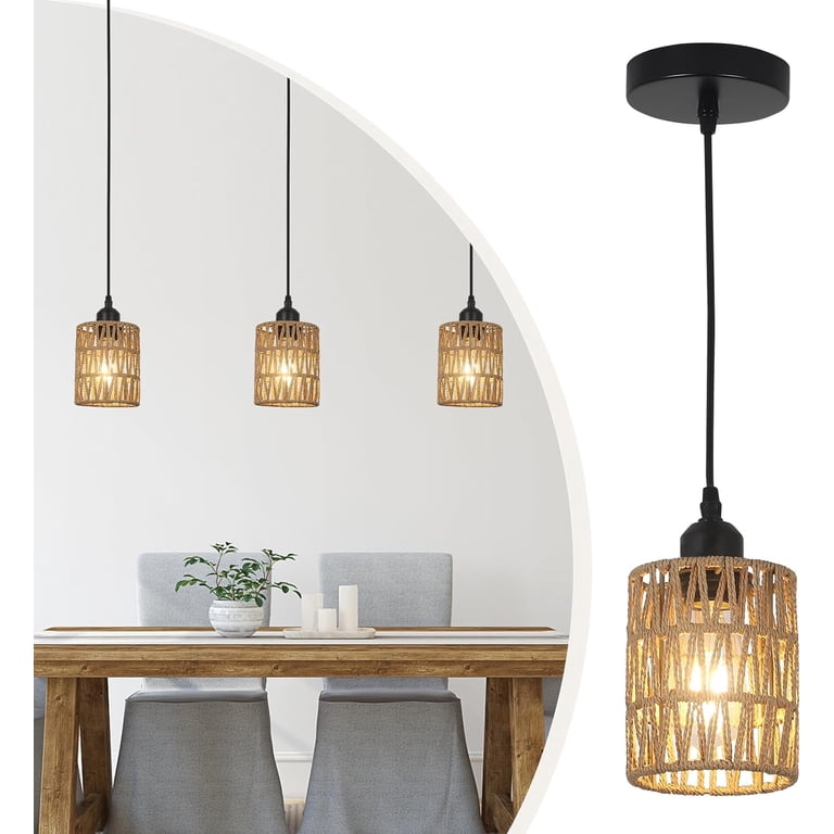 Boho Rattan Pendant Light With Cord - 11 Inch Hand Woven Wicker Hanging Lamp, 3 Pack, Plug-in