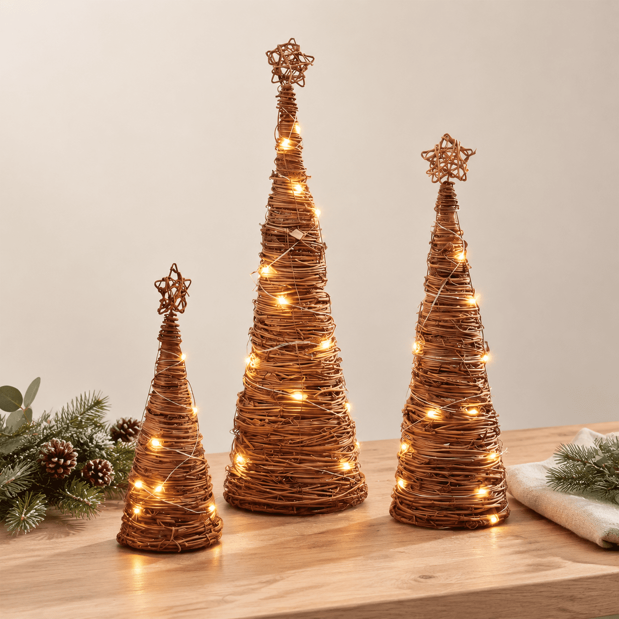 3 Pack Rattan Woven Lighted Christmas Cone Trees Tabletop Holiday Decor ...
