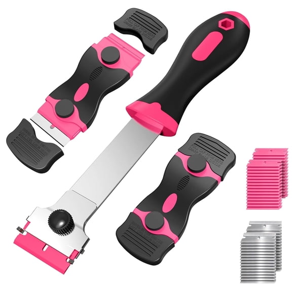 3 Pack Razor Blade Scraper Set, Includes 30 Plastic & 30 Metal Blades, Multi-Purpose Tool for Glass, Cooktop, Sticker Removal, Paint & Gum Cleaning (Pink)