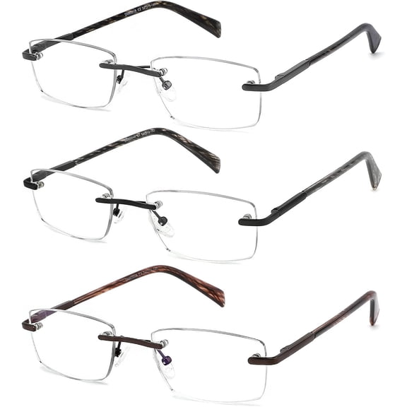 3 Pack Reading Glasses for Men Blue Light Blocking, Lightweight Rimless Metal Mens Eyeglasses Readers, Anti /Dryness/Computer Glare/UV 400, Spring Hinge Eyeglasses(325 Strength)