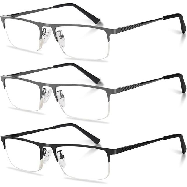 Men's Half Frame Blue Light Blocking Reading Glasses – Spring Hinge – Polycarbonate Clear Lens