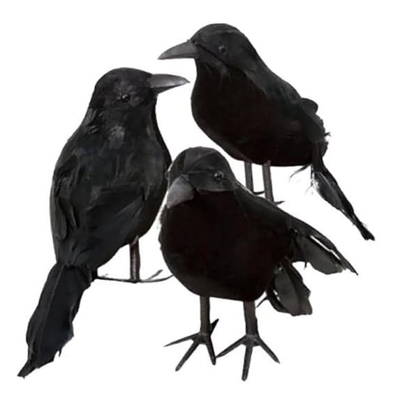 3 Pack Realistic Crows, Real Touch Black Feathered Crows, Halloween Decorations, Artificial Handmade Feathered Raven, Halloween Party Decor Prop Outdoor Indoor Decoration