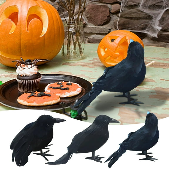 3-Pack Realistic Halloween Crows - Black Feathered Ravens for Halloween Decorations Scarecrow Displays