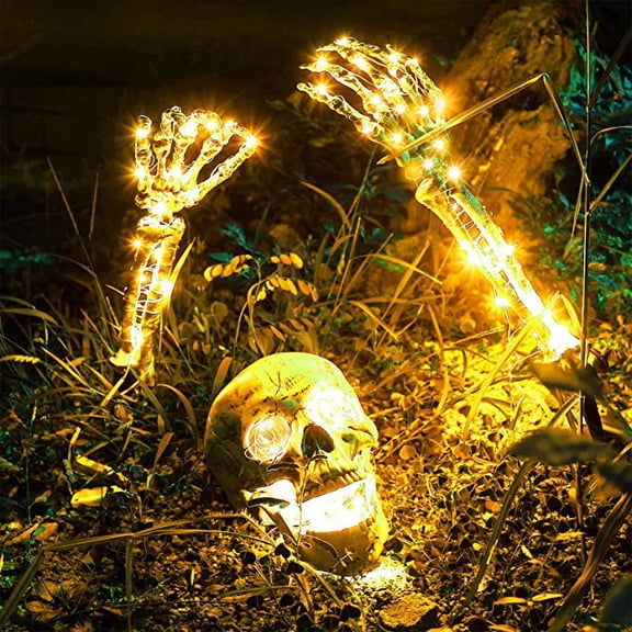 3 Pack Realistic Looking Skeleton Stakes Graveyard Yard Lawn Stakes Halloween Skeleton Light up Halloween Decorations Skeleton Hands Head Yard Stake with 3 Pcs Light Strings for Garden (Warm White)
