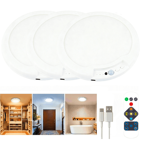 3 Pack Rechargeable Ceiling Lights with Motion Sensor, Wireless LED Lamps, Magnetic Mount Remote, 3 Color Temperatures for Closet