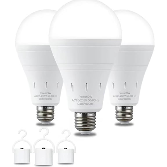 3-Pack Rechargeable Emergency Light Bulbs, 9W Emergency LED Light Bulb with Hook Daylight White Rechargeable Bulb, LED Intelligent Emergency Bulb for Power Outage Indoor and Outdoor (Q)