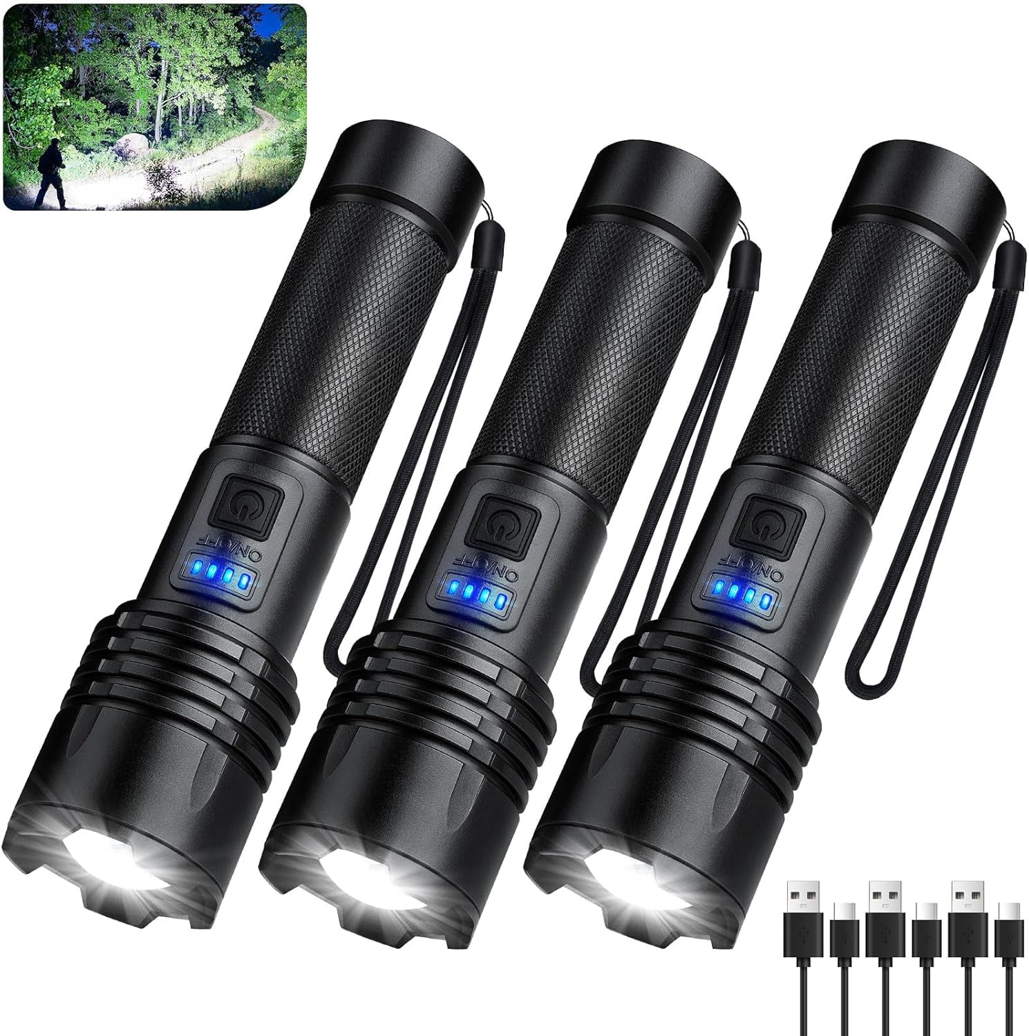 3 Pack Rechargeable Flashlights 990000 High Lumens, Super Bright LED Flash Light with 3 Light Modes, High Power Flashlight with Charging Cables, IPX7 Waterproof for Camping, Outdoor, Home