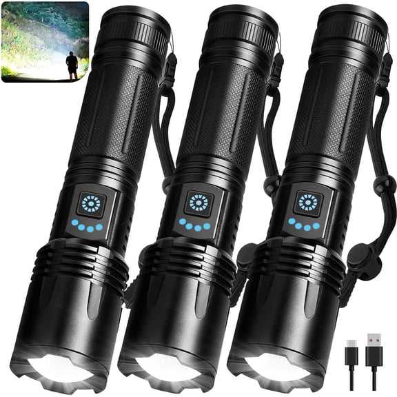 3 Pack Rechargeable Flashlights High Lumens, 99,000 Lumens Super Bright LED Flashlight for Home Camping, Handheld Flash Light Waterproof Flashlight with 5 Modes & Adjustable Function