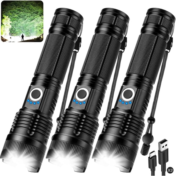3 Pack Rechargeable High Lumens - 99,000LM Super Bright LED Flash Light for Home with 5 Modes, Powerful Waterproof Handheld for Camping Emergencies (L-3P)