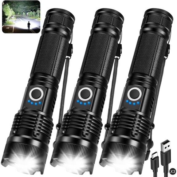 3-Pack Rechargeable LED Flashlight High Lumens, IPX7 Waterproof Flash Light Gift Ideas for Camping