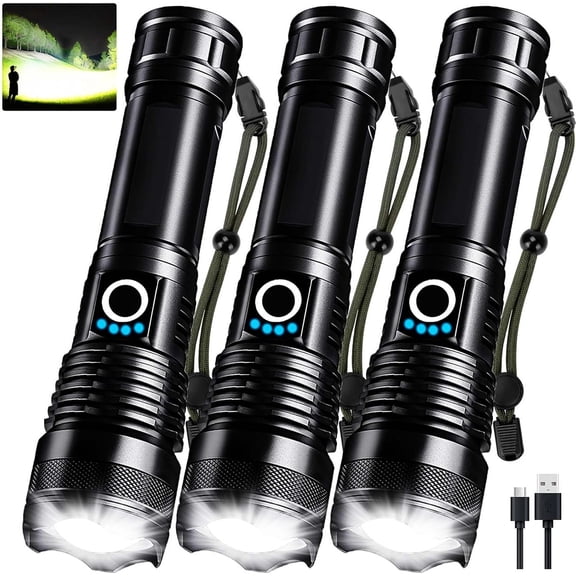 3 Pack Rechargeable LED Flashlights High Lumens, 90,000LM Super Bright Flashlight, Adjustable 5 Modes Flash Light with USB , Handheld Flashlight for Camping