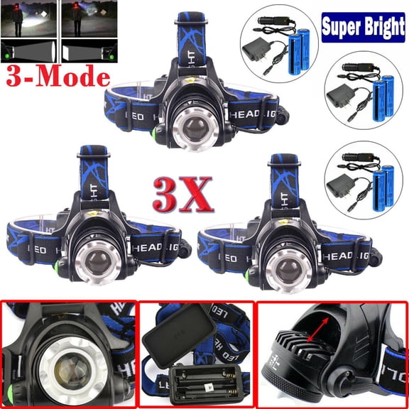 3 PackRechargeable LED Headlamp Camping Hiking Headlamp Work Light +Battery+Charger Set