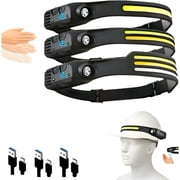 3-Pack Rechargeable LED Headlamps High Power USB Headlights Motion Sensor , Adjustable Beam, Water-Resistant