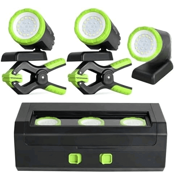 3-Pack Rechargeable LED Work Lights with Portable Case, 360-Degree Adjustable Spotlights with Magnetic Base, Clamp Lights for BBQ, Workshop, Construction Site, Car Repairing and Home Using