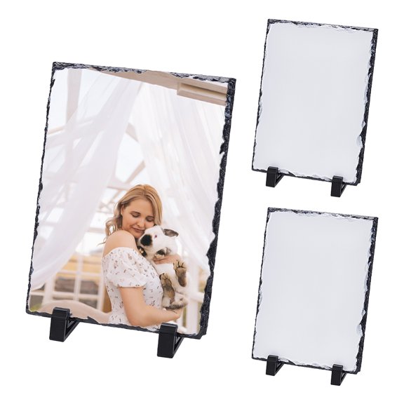 3 Pack Rectangle Sublimation Rock Slate 7.56"x5.75" Sublimation Photo Slates Heat Transfer Picture Frame with Display Stand Memory Gift DIY