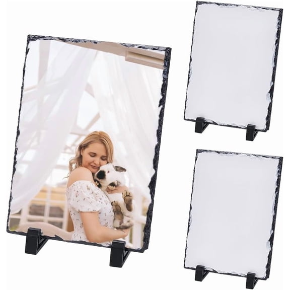 3 Pack Rectangle Sublimation Rock Slate 7.56"x5.75" Sublimation Photo Slates Heat Transfer Picture Frame with Display Stand Memory Gift
