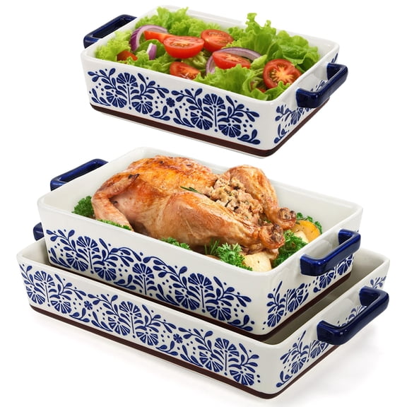 3 Pack Rectangular Ceramic Baking Dish Set with Dual Handles