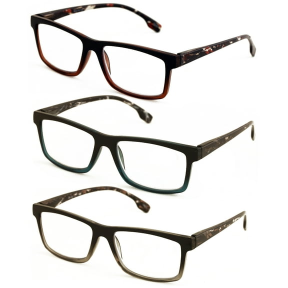 3-Pack Rectangular Reading Glasses for Men – with Mosaic Pattern Temples – Full Magnification Spring Hinge Readers ZT117 +1.75