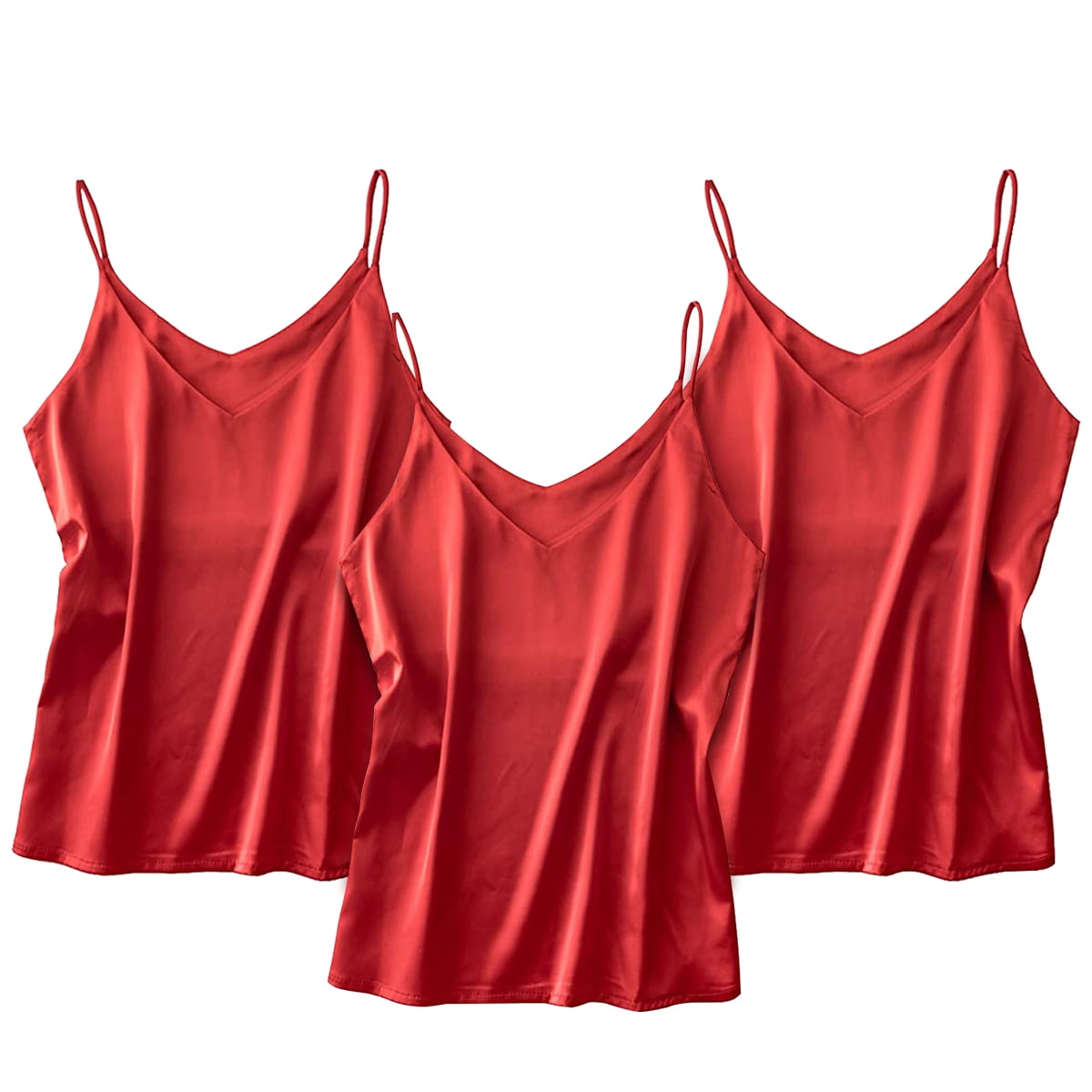 (4 Pack)Red Basic Women's Silk Tank Top Ladies V-Neck Silky Loose  Sleeveless Blouse Satin Tank Shirt
