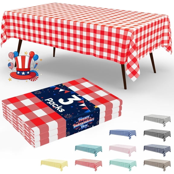 3 Pack Red Gingham Disposable Tablecloths, 54" x 108" Rectangle Plastic Checkered Table Cloth, Waterproof Buffalo Plaid Table Covers for Picnic, Outdoor, Birthday, Party