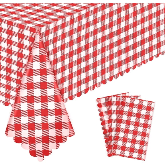 3 Pack Red Gingham Tablecloths, 54 X 108Inch Disposable Picnic Table Cloths Waterproof Camping Tablecloth, Plastic Red and White Checkered Tablecloth for Camping Picnic Barbecue Birthday Party