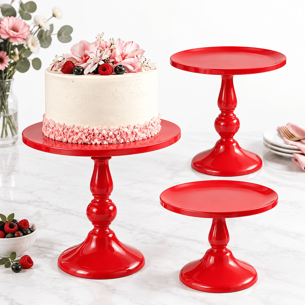 3 Pack Red Metal Cake Stand Set, Assorted Sizes For Dessert Display And ...
