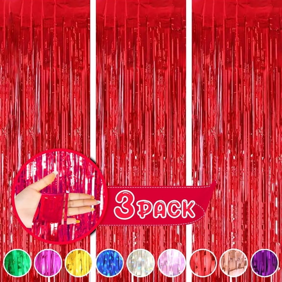 3-Pack Red Tinsel Fringe Curtains, 3.2 x 8.2 Ft Metallic Foil Streamers, Party Backdrop Decorations for Birthday, Carnival, Wedding, Halloween and Christmas