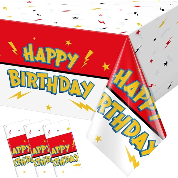 3 Pack Red White Birthday Tablecloth Party Decorations, Lightning Bolts Plastic Table Cloth, Disposable Table Cover for Kids Birthday Baby Shower Party Supplies Decorations, 54” x 108”