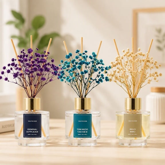 3 Pack Reed Diffuser Set, Clean Linen Sea Salt Lavender Eucalyptus Scented Oil Diffusers with Reed Sticks and Preserved Flowers for Bedroom Living Room Office, 50ml Each
