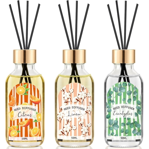 3 Pack Reed Diffuser Set, Linen Eucalyptus Citrus Scented Oil Reed Diffusers for Home, Bathroom, Office Decor, Aromatherapy Diffuser with 15 Sticks, 1.7 Fl. Oz Each, Total 5.1 Fl. Oz
