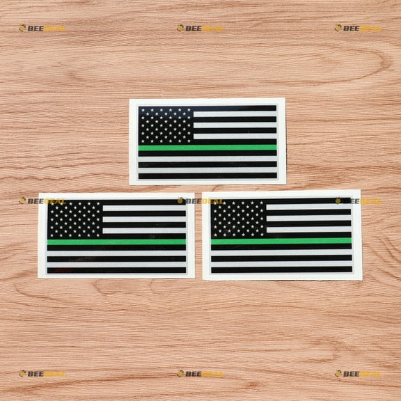 3 Pack Reflective, 4 Inches - Thin Green Line Decal Sticker Vinyl American Flag Support Army Border Patrol Military - for Car Boat Laptop Cup