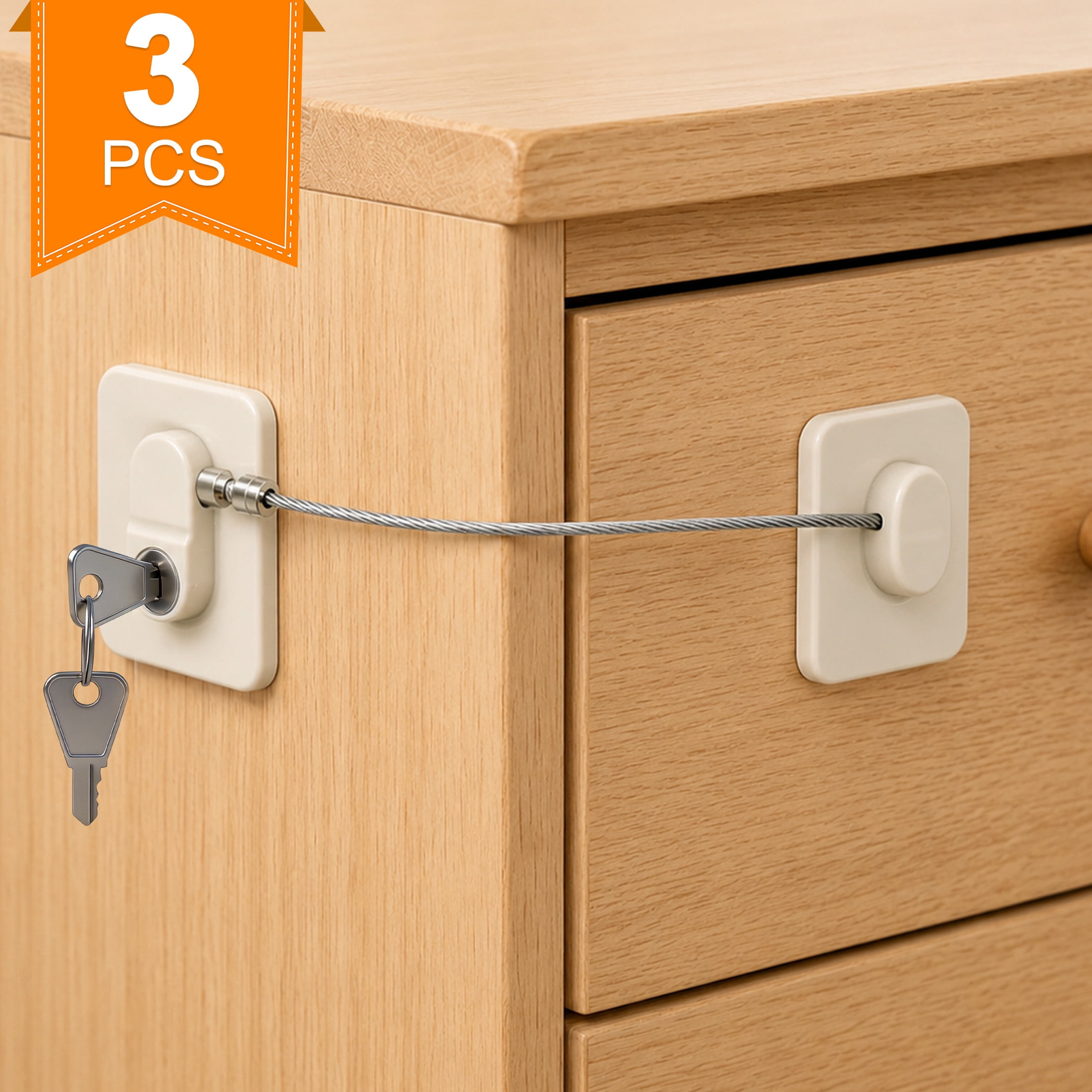GARITIN 3 Pack Refrigerator Lock with Key, Adhesive Child Safety Fridge Lock, Heavy-Duty Cable Lock for Refrigerator, Cabinets, Drawers, Freezer, Window, No Drilling Required