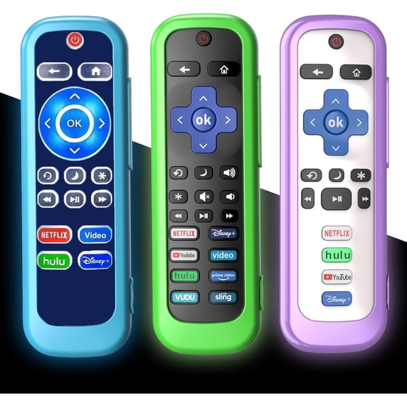3 Pack Remote Case for Roku, Battery Cover for TCL Smart TV Steaming Stick Remote,Silicone Protective Controller Universal Sleeve Skin Glow in The Dark Green Purple Blue