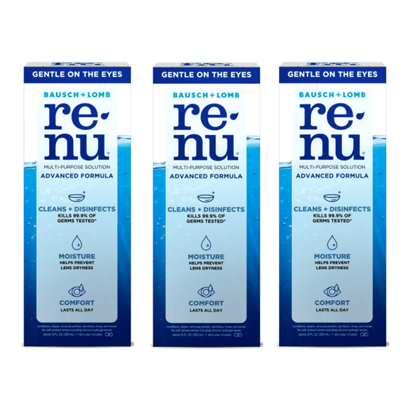 3 Pack - Renu Contact Lens Solution, Advanced Formula Multipurpose Lens Cleaner for Eye Contacts, Cleaning, Moisturizing and Disinfecting Care for Soft & Silicon Hydrogel Lenses, 12 Fl Oz