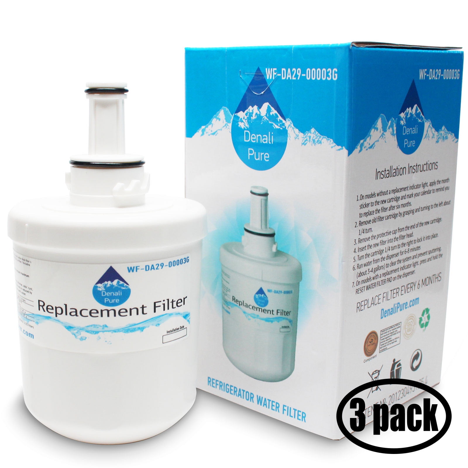 3-Pack Replacement for Samsung RF265ADBP Refrigerator Water Filter - Compatible with Samsung DA29-00003G, Samsung DA29-00003B, Samsung DA29-00003A Fridge Water Filter Cartridge - Denali Pure Brand