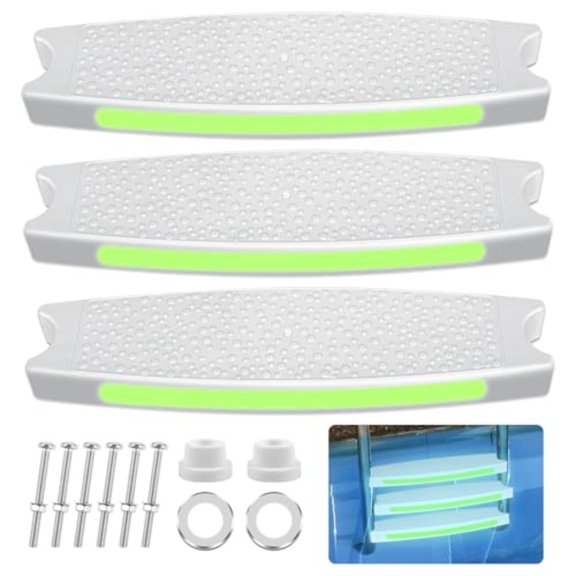 3 Pack Replacement Swimming Pool Ladder Steps for Inground Pools18'' Heavy-Duty Plastic Molded White Ladder Rung with 1.9'' Rubber Bumper Cap and Stainless Steel Escutcheon Plates