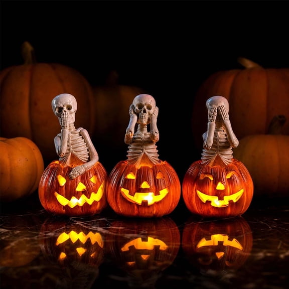 3 Pack Resin Skull Pumpkin Lanterns, Halloween Skeleton Jack-O-Lantern Lights, Spooky Holiday Table Centerpiece Decor, 4.3x3.5 Inches