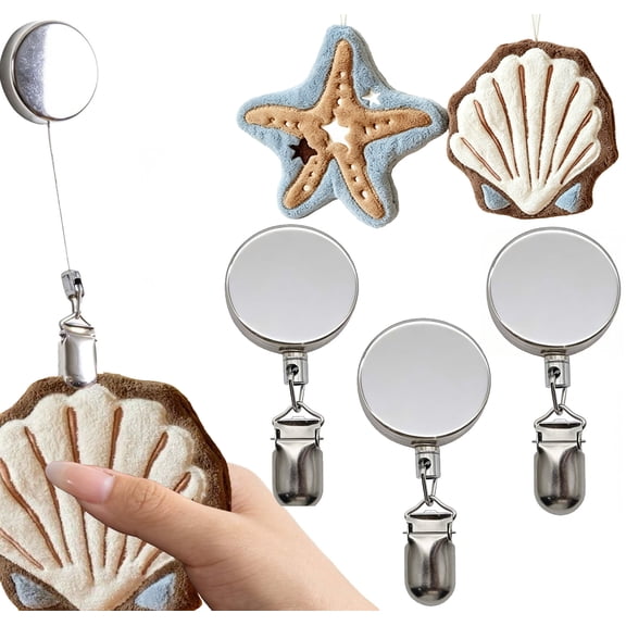 3 Pack Retractable Metal Towel Clips with Starfish & Shell Hanging Kitchen Towels, No Drill Space Saving Expandable Towel Holders, Cute Coastal Decor Hand Towel Set for Kitchen Bathroom Household Dec
