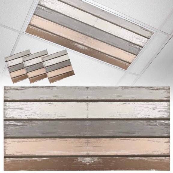 3 Pack Retro Brown Beige Stripe Fluorescent Light Covers for Ceiling Lights Peeling Paint Effect Texture Magnetic Ceiling Light Covers Overhead Light Filters for Office Classroom Home