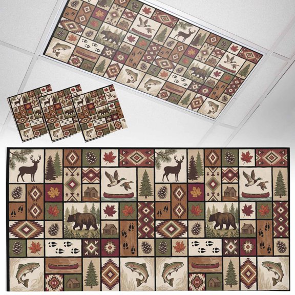 3 Pack Retro Brown Patchwork Fluorescent Light Covers for Ceiling Lights Deer Pine Tree Bird Boat Ethnic Magnetic Ceiling Light Covers Overhead Light Filters for Office Classroom Home