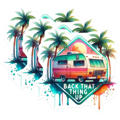 (3 Pack) Retro Camper Decals - Back That Thing Up - Tropical Decals- 3 Inches On Longest Side - Easy Peel & Apply - Made in USA - 3MCS5649