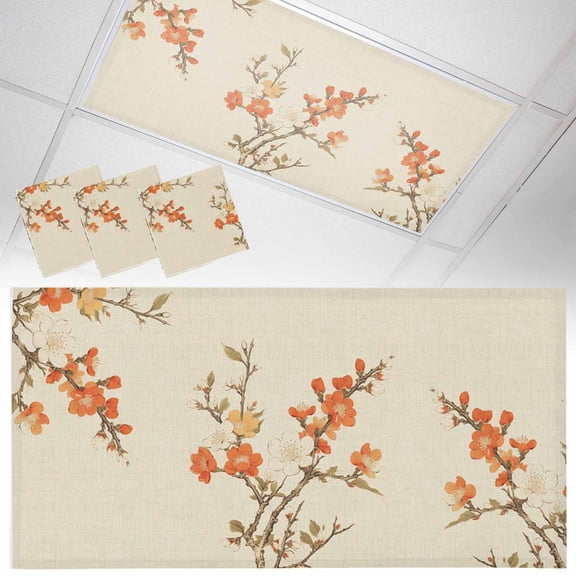 3 Pack Retro Flower Fluorescent Light Covers for Ceiling Lights Plum Blossom Bud Branch Leaves Linen Magnetic Ceiling Light Covers Overhead Light Filters for Office Classroom Home