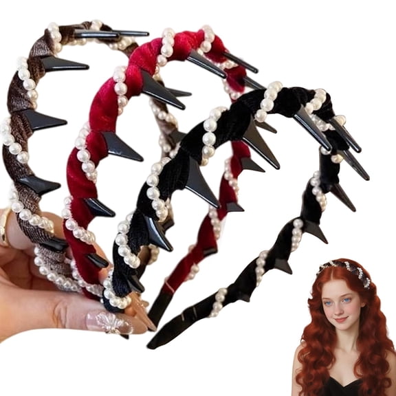 3 Pack Retro High Skull Pearl Headband, Elegant Braided Pearls Headbands with Comb Teeth, Anti-Slip Hair Hoop Rhinestones for Women and Girls